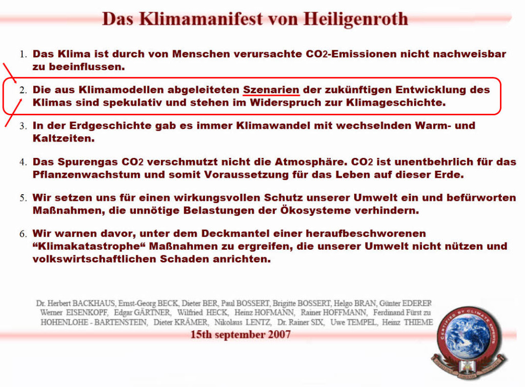 Das Klimamanifest-von-Heiigenroth erwähnt bereits im Jahr 2007 die Problematik der "Szenarien" !!